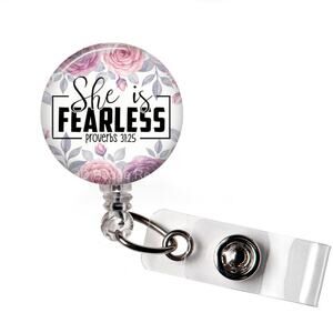 She Is Fearless Proverbs 31:25 Retractable Badge Reel | Christian ID Holder